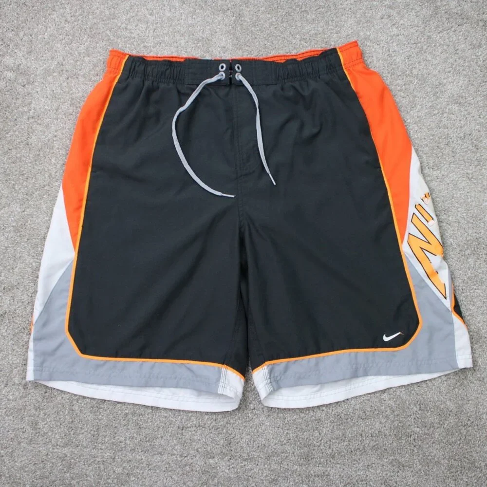 Nike Swim Trunks Men 2XL XXL Gray/Orange Lined Polyester Drawstring w/10
